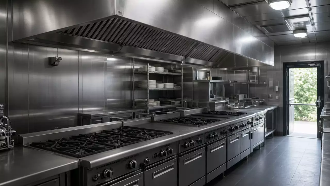 Commercial kitchen exhaust hood over a cooking line