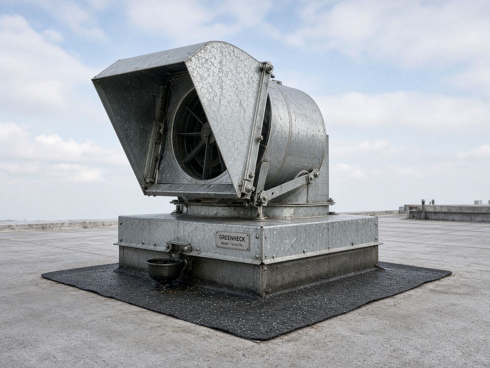 Rooftop upblast grease-exhaust fan on a restaurant curb