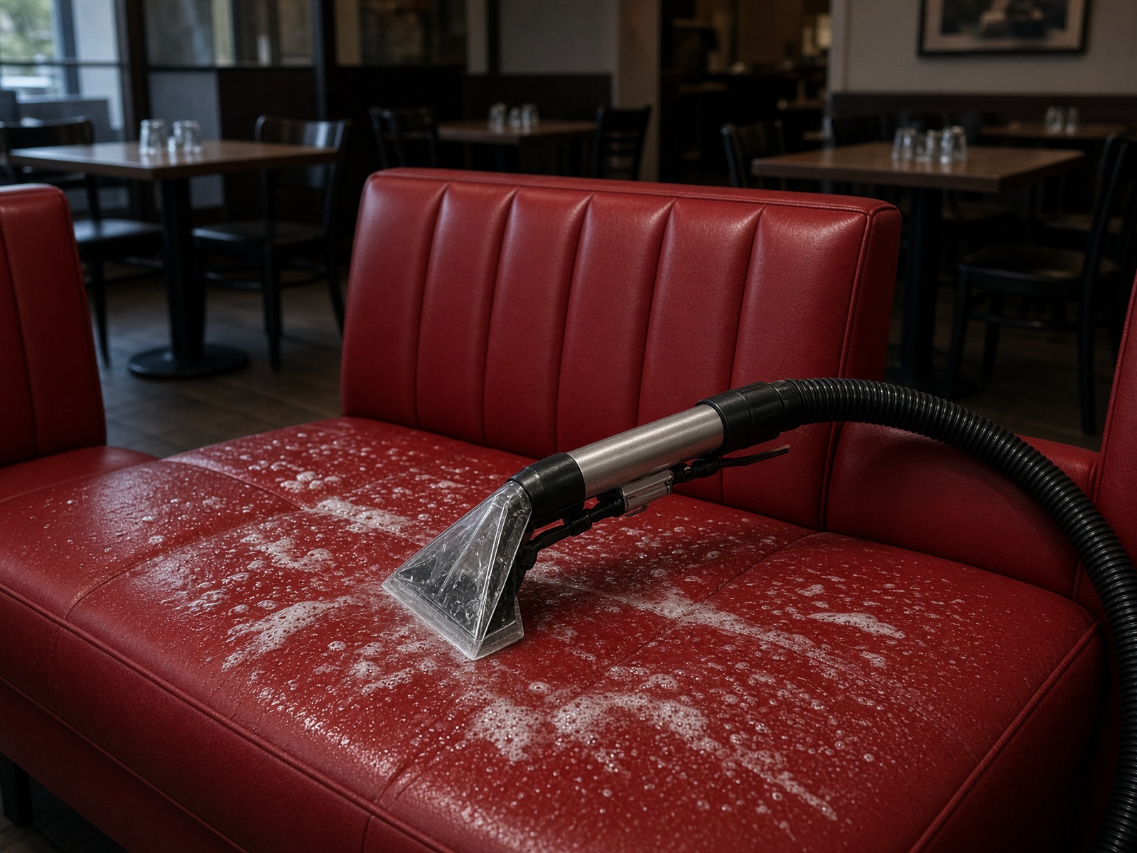 Restaurant booth upholstery and dining area being cleaned
