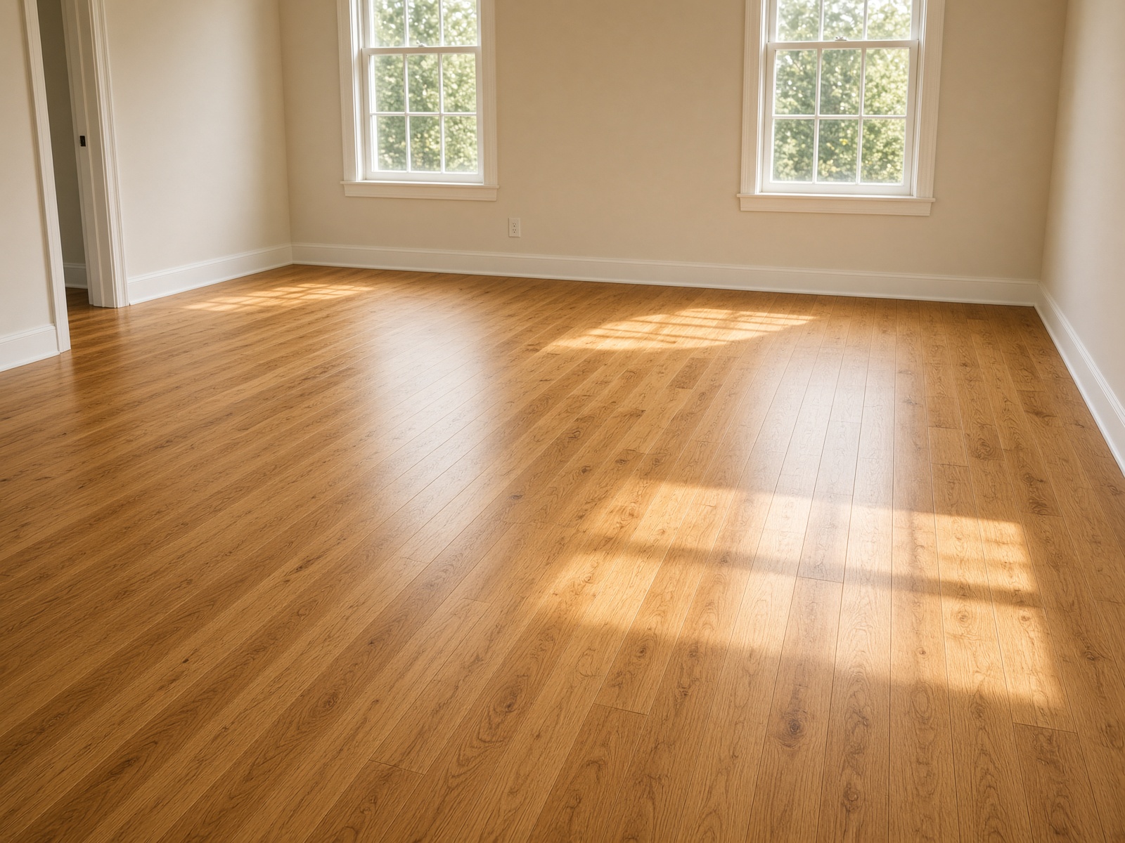 Dry stained oak hardwood after a clear finish coat — representative process photography